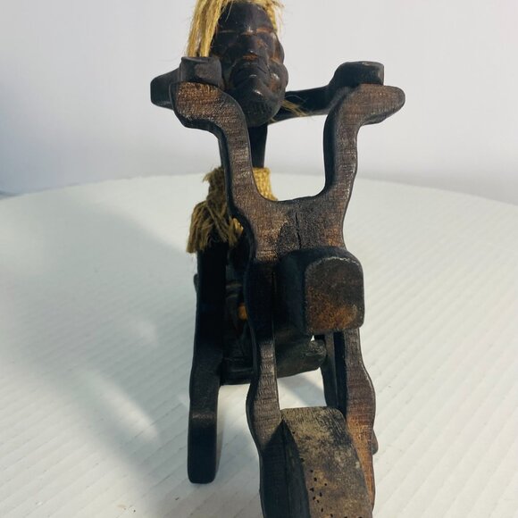 Rare Primitive Java Man on Motorcycle Wooden Carving and Jute Tribal Sculpture - Picture 12 of 17